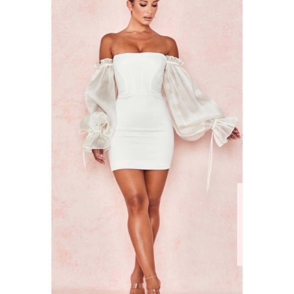 NWT House of CB Marisa Ivory Satin Corset Tulle Long Sleeves Mini Bodycon Dress - Picture 7 of 14